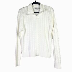 Tail Cable Knit Full Zip Mock Neck Cardigan Sweater Large White